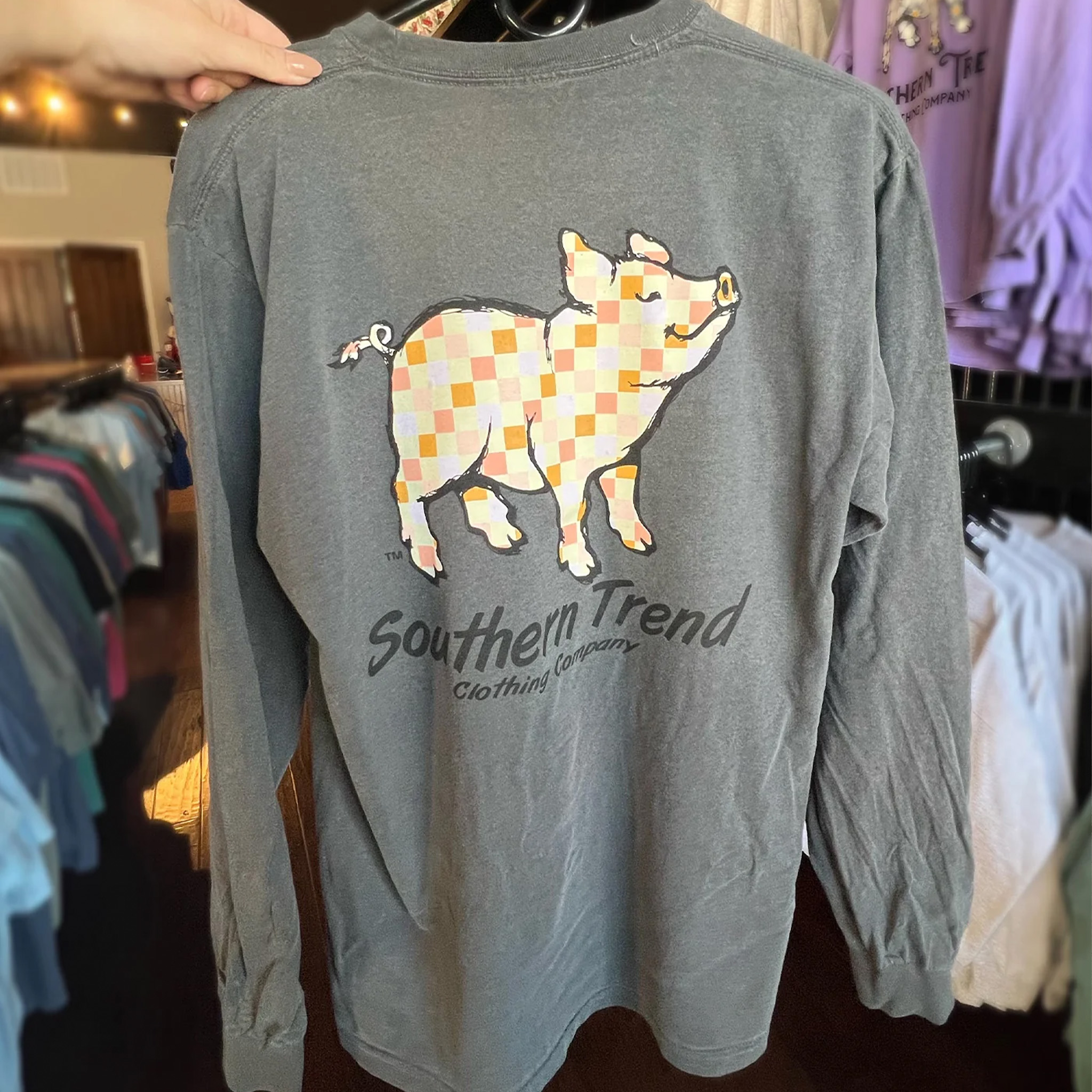 Pink Checkered Pig Long Sleeve